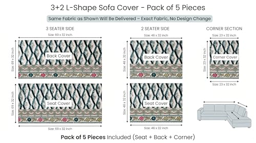 Image of Luxury Sofa Cover L Shape 5 Seater with Matching Cushion Cover 16x16 inch - Indigo Geometric Paisley 3+2 Seater (5 Seater) Quilted Sofa Cover Set Pack of 10, Washable, Indigo Ivory