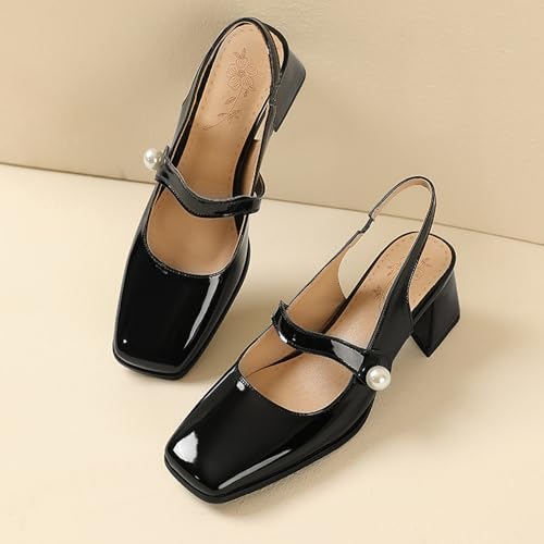 Alyaafifa Block Heel Mary Janes Slingback Pumps for Women 2 Inches Closed Square Toe Patent Leather Dress Shoes Mid Heeled Sandals Comfortable Walking Party Wedding Office Working4