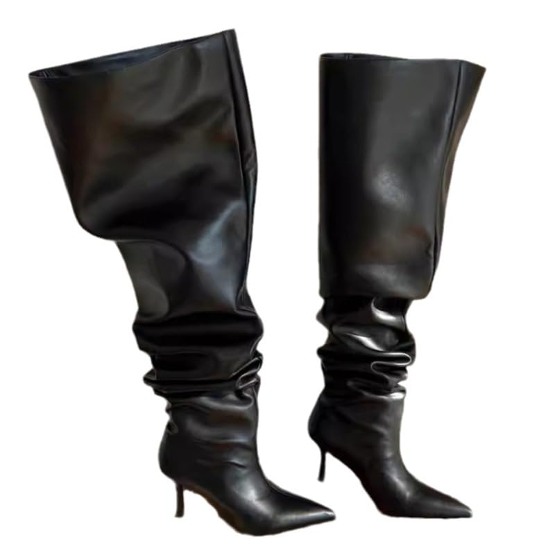 Slouch Knee High Boots for Women - Pointed Toe 5cm Heel Stacked Booties in Black Wide Cuff All