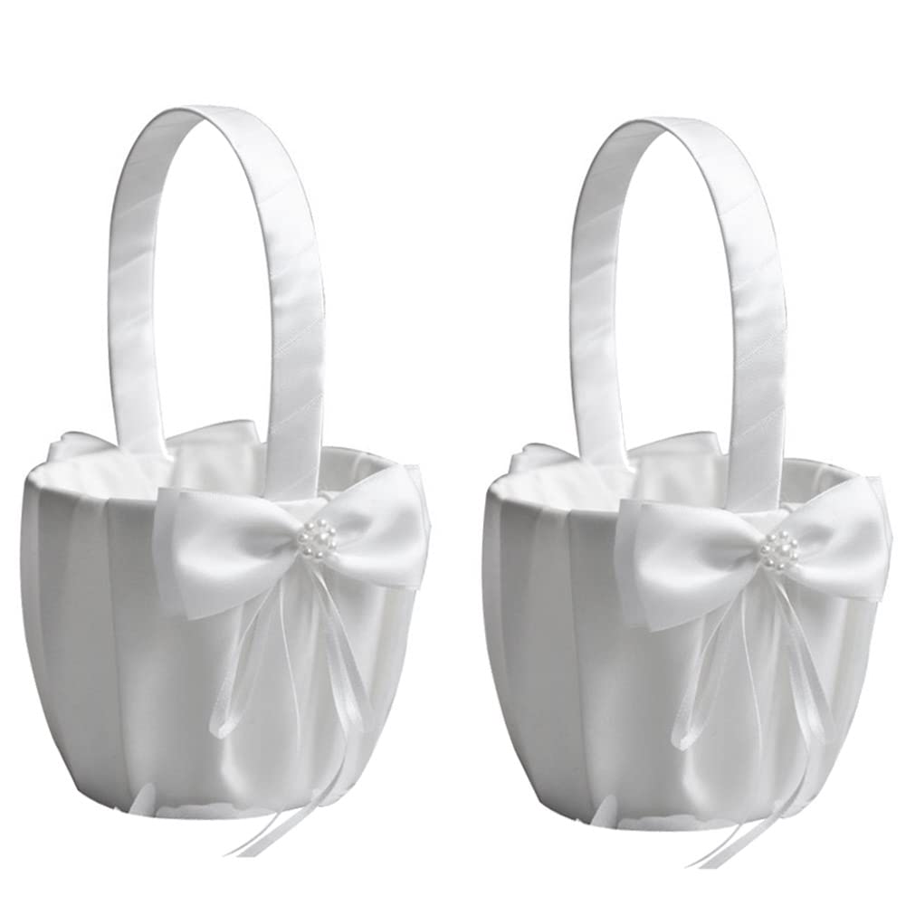 CTRLZS 2PCS Flower Girl Baskets for Wedding Cute Bowknot Design Girl Basket,Romantic Bowknot Party Rose Flower Girl Basket