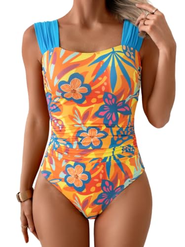 Image of B2prity Women's One Piece Swimsuit Tummy Control Full Coverage Bathing Suit | Retro Square Neck,Ruched Details,Wide Straps,Tie-Back,Modest