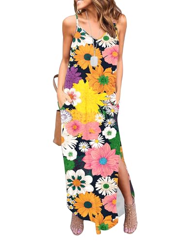Image of HUSKARY Women's Summer Casual Sleeveless V Neck Strappy Split Loose Dress Beach Cover Up Long Cami Maxi Dresses with Pocket
