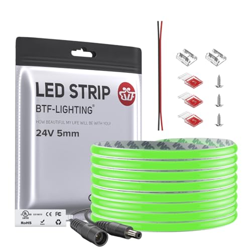 Image of BTF-LIGHTING FCOB COB LED Strip Green Color 5mm Width UL Listed Super Narrow Flexible Uniform Light DC24V 16.4FT CRI 90+ Dimmable LED Ribbon for Bedroom Home Indoor Decor(No Adapter or Controller)