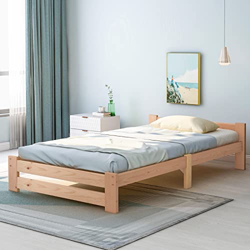 fangqi Solide Massivholzbett Seniorenbett erhöhtes Bett Holz aus 100% Naturholz Massivholz mit Kopfteil und Lattenrost Futonbett Massivholz Natur Bett,Natur (200x90cm) Cover