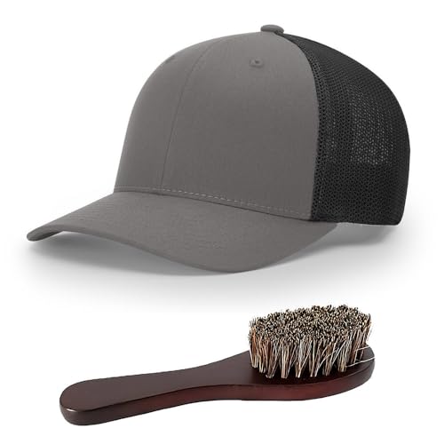 The Hat Pros Richardson 110 Trucker R-Flex Baseball Hat Bundle with THP Hat & Clothing Brush - Large-X-Large - Charcoal/Black