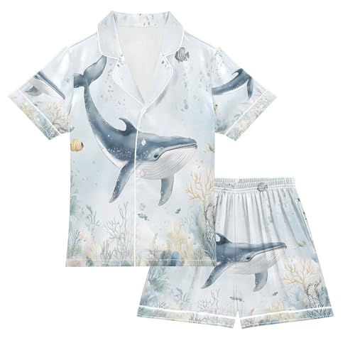 ALAZA Whale Sea Watercolor Coral Reef Satin Pajamas Set Short Sleeve Button Down Sleepwear Summer Pjs 2 Piece