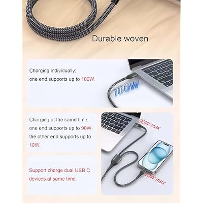 4FT 2 in 1 100W USB C to Dual Type c Fast Charging Cable,iPhone 15 USB C to Double Type c Cable for MacBook Pro/Air,iPad Pro/Air,iPhone 15 Plus/15 Pro Max,Samsung Galaxy S24/S23/S22/S21,Moto,Switch