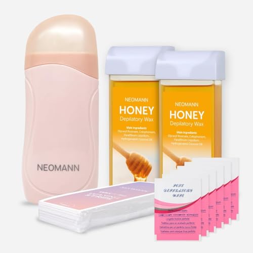 NEOMANN 2 x Honey Wax n Roll zestaw do depilacji włosów | Roll On podgrzewacz wosku z 2 wkładami miodowymi (różowymi), 50 paskami woskowymi i 6 chusteczkami pielęgnacyjnymi – jakość salonu domowego