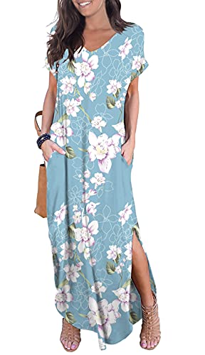 Image of GRECERELLE Women's Summer Maxi Dress Casual Loose V Neck Short Sleeve Side Split Long Dresses with Functional Pockets