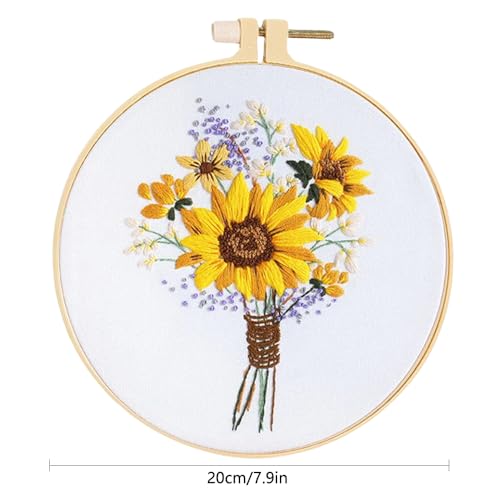 Image of Huacan 5 Sets Embroidery Kit for Beginners Include Embroidery Clothes with Pattern,Embroidery Hoops, Instructions,Color Threads Needle Kit (Sunflower) (Sunflower)