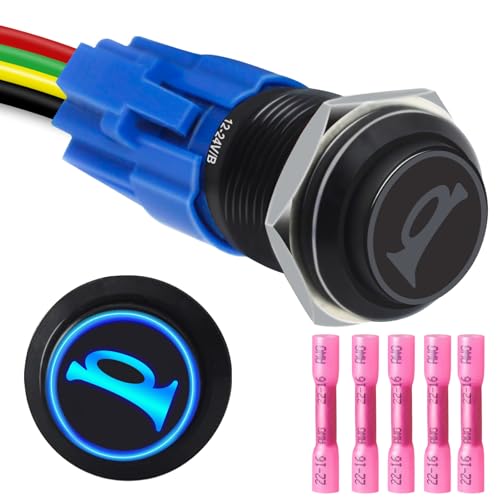 GEPHYNM Horn Button 12V Horn Switch with 1 Tail Plug Harness and 5 Heat Shrink Wire Connectors Momentary Push Button Switch for Car Modification