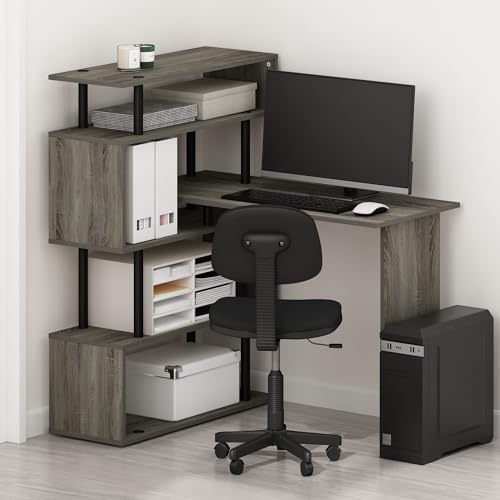 Image of Furinno Moore L Shape Computer Desk, 40 inch Wide Gaming Desk with 5-Tier S-Shaped Side Shelves, Office Desk, for Home Office, Study, Gaming, Grey Oak