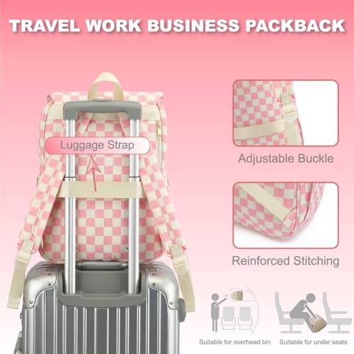 Image of Women Laptop Backpack, Corduroy 15.6 inch Travel Backpack for Work College Business, Teacher Nurse Bag with Large Capacity School Bookbag Bags for Girls - Checkered Pink
