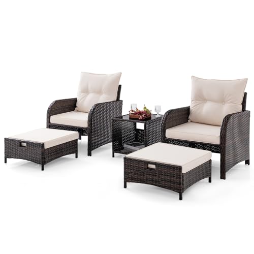 LIFEZEAL Set salotto da giardino esterno con cuscino, 2 poltrone con ottomani, tavolino in vetro temperato con deposito, braccioli ergonomici, telaio in metallo, carico 180 kg, terrazza, balcone