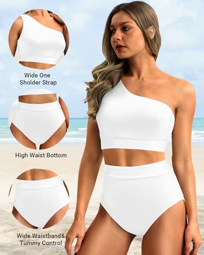 Image of Holipick Women One Shoulder High Waisted Bikini Sets Two Piece Swimsuit Tummy Control Bathing Suit Full Coverage Swimwear