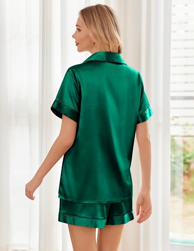 Image of Ekouaer Womens Silk Satin Pajama Sets Soft Short Sleeve Button Down Sleepwear Top and Shorts 2 Piece Pjs Lounge Set
