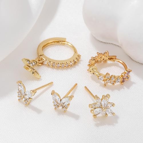 Dainty Gold Earring Set - Tiny Flower & Butterfly Cartilage Studs & Hoops - Hypoallergenic for Her 5