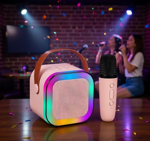 Image of MARVIC Portable Karaoke Bluetooth Speaker with Wireless Microphone Pink | MARVIC mini portable karaoke machine with wireless microphone vibrant RGB LED party lights and flexible carry handle