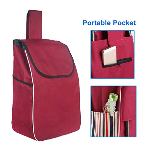 Rot Einkaufstrolley, 39.4L Extra große Reifen Abnehmbare regenfeste Tasche Regenbeutel Einkaufswagen, Gelten Supermarkt… – Bild 5