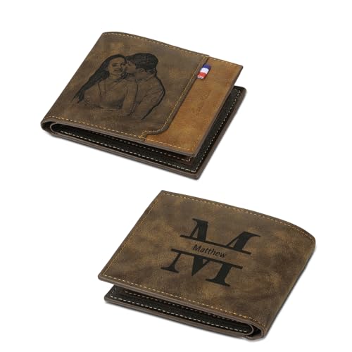 Custom Wallets for Men Personalized Leather Wallet with Picture Name Alphabet for Dad Husband Slim Billfold Engraved Wallet for Fathers Day Christmas (Khaki)