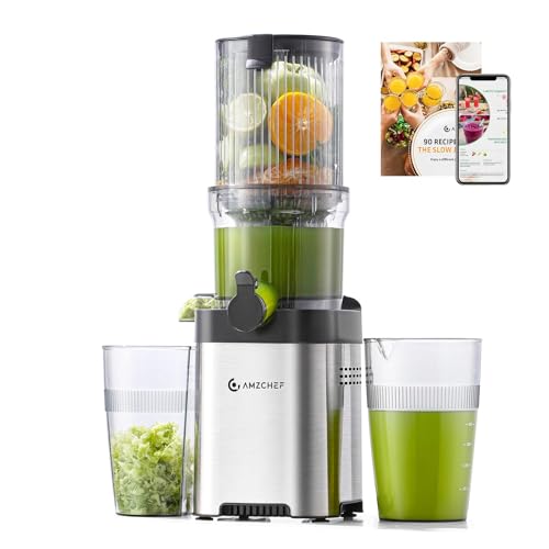 AMZCHEF Extracteur de Jus Juicer 120mm Grande Bouche, Presse Agrume Électrique Anti-Blocage 60Tr/Min, Jus Fruits et Légumes Haut Rendement, Inox, Facile à Nettoyer...