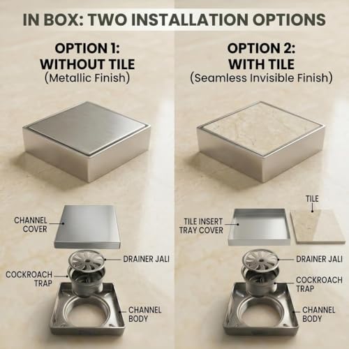 Image of Bathroom Tile Insert Floor Drainer 5 x 5 Inch | Premium Grade 304 Stainless Steel Invisible Shower Drain | Waste Water Floor Outlet for 13mm Tiles with Cockroach Trap