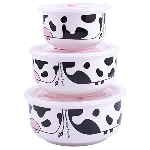 Ceramic Bowls with Lid, Cow Pattern Ceramic Lunch Bento Boxes / Food Carrier / Food Storage & Organization Container With Lid, Mixing Bowls Set of 3 Cover