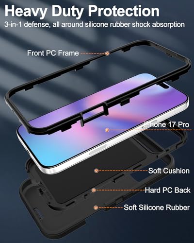 Image of for iPhone 17 Pro Case with Port Cover, Rubber Matte, Black | 3-Layer Heavy Duty Armor, 16ft Drop Protection, Non-Slip Shockproof & Anti-Fingerprint