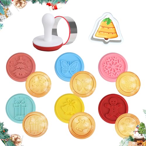 7 PCS, Sello para Galletas de Navidad con 6 Sellos y 1 Cortador de Galletas, 3D Molde Galletas de Navidad árbol/Copo de Nieve/Estrella, Molde de Rrepujado para Fiestas Navideñas