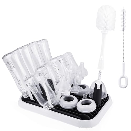 Image of Baby Bottle Drying Rack With Brush, Large Capacity Tray, Cleaning Set With Nipple Brush, Straw and Cleaner for Bottles, Teats, Pump