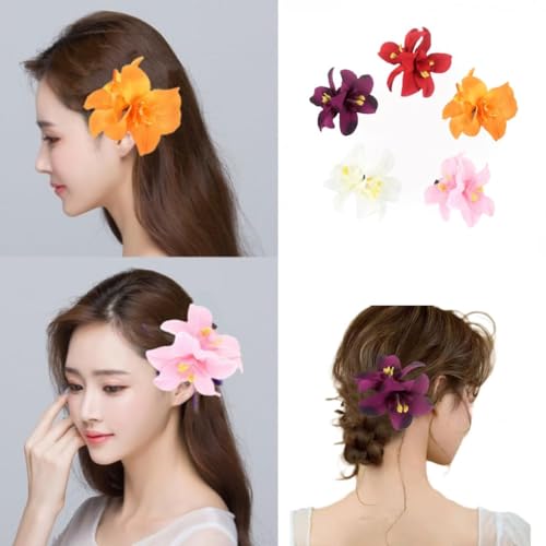 Set de 5 pinzas de cabello con flores Hawaiian Lily para mujeres y niñas, accesorio de moda bohemio para bailarinas, bodas y fiestas en la playa miniatura 6