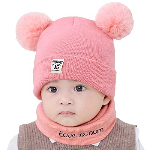 UMIPUBO Bonnet Bébé Hiver Écharpe Ensemble Beanie avec Pompon Mignon Chapeau Tricoté Echarpes Unisexe Chapeau Chaud Chapeaux pour 0~12 Mois Bébé (Rosa)