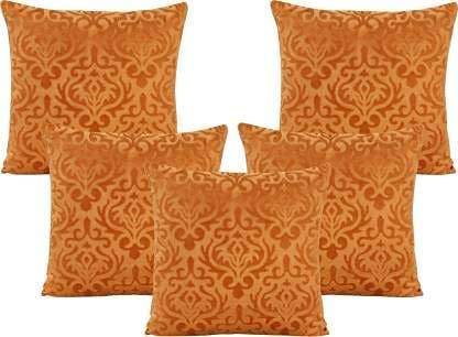 Image of Emboss Velvet Cushion Covers for Sofa Bedroom Living Room | Orange | 16 x 16 Inch (40x40 cm) | Set of 5