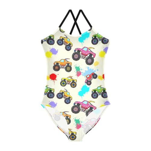 CHIFIGNO Colorful Monster Trucks Girls' Swimwear, Swimsuit for Girls One Piece Sport Summer Beach Swimwear for 4 Years Old