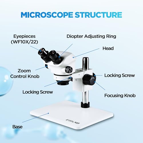 Image of ESSLNB Binocular Stereo Microscope with LED Light, 3.5X-50X Magnification, WF10X Eyepieces, 0.7X-5.0X Zoom Objective, 0.5X Additional Objectives - Ideal for Observation in Education, Professional Use