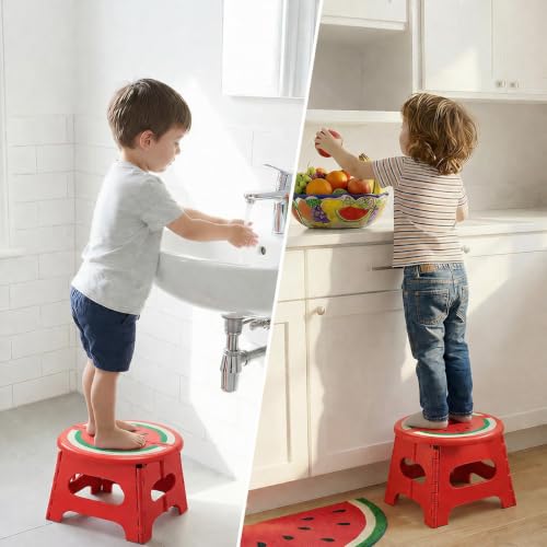 Image of Premium Folding Step Stool for Adults and Kids Non-Slip Folding Stools with Portable Handle, Compact Plastic Foldable Step Stool for Bathroom,Bedroom, Kitchen (Watermelon RED)