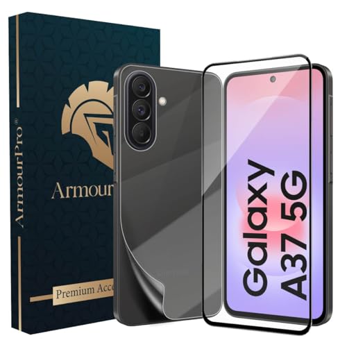 Image of ArmourPro Tempered Glass for Samsung Galaxy A37 with Back Clear Membrane Guard, Edge to Edge Screen Protector, Anti-Bubble, Anti-Fingerprint, Oil Resistant, Installation Kit | Black