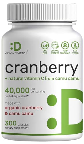 Cranberry Pills 40,000mg Per Serving with Camu Camu, 300 Capsules – Made with Organic Ingredients – Natural Vitamin C – 4X Strength Urinary Tract Health Supplement – No Sugar, No GMOs