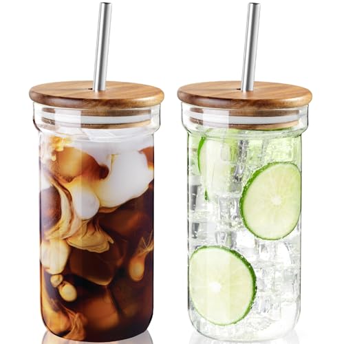 Glass Cups with Lids and Straws 2 Pack, 18 oz Iced Coffee Cups with Acacia Wood Lids, Wide Mouth Drinking Glasses Set for Coffee Bar Accessories, Glass Tumbler with Straw and Lid for Bubble Smoothie