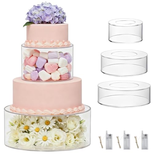 3 PCS Acrylic Cake Stand, Fillable Round Transparent Cake Tray with 3 LED Light Strips for Weddings, Birthdays and Parties