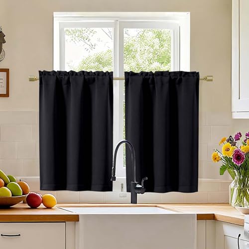 Simplebrand Black Cafe Curtains Tier 36 Inch Length 2 Panels Set, Half Window Blackout Curtains for Kitchen, Rod Pocket Tier Thermal Insulated Window Treatment Short Curtain, Each 30