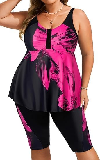 Hanna Nikole Tankini Damen Große Größe Bauchweg Bademode Push Up Tankini Zweiteiliger Set Hohe Taille Sommer Badeanzüge Tankini Oberteil mit Badeshorts