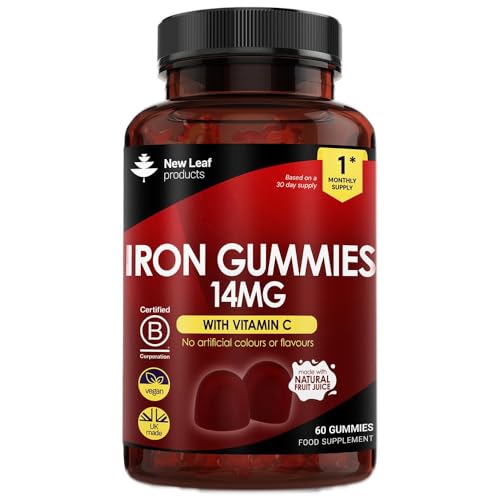 Iron Gummies with Vitamin C for Added Absorption - 60 Gummies for Women & Men - Real Fruit Juice (1 Month Supply) Iron Supplements Tasty Alternative to Tablets 14mg Per Serving
