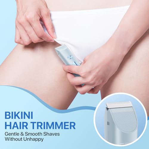 Image of Bikini Trimmer for Women, Rechargeable 2-in-1 Electric Razor for Shower& Travel, IPX7 Waterproof Painless Hair Removal for Bikini Line, Legs, Underarms, Wet & Dry Hypoallergenic Ceramic Blade, Blue