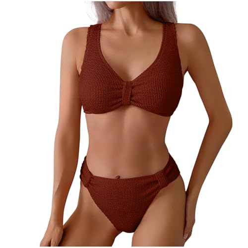 Womens Bikini Swimsuits 2 Piece Solid High Waisted Full Coverage Push up Bathing Suit High Cut Texture Beach Swimwear