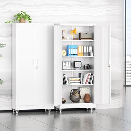 Image of INTERGREAT Metal Garage Storage Cabinet with Wheels, Rolling Storage Cabinet with Locking Doors and 4 Adjustable Shelves,- 73 inch Steel Tool Cabinet for Home Office,Garage,Warehouse,White