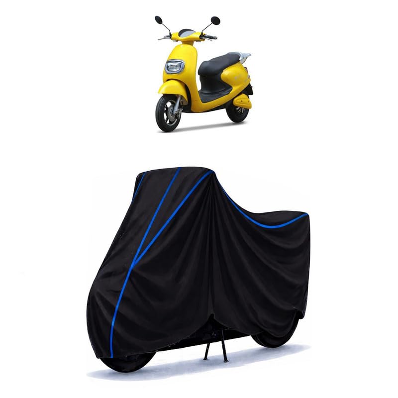 Image of Scooty Cover Water Resistant for Techo Electra | Universal Scooter & Bike Cover | Heavy Duty UV Dust, Rain & Scratch Protection | Elastic Fit All Weather Indoor Outdoor | Black with Blue Piping