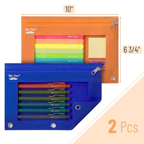 Image of Mr. Pen- Pencil Pouch for 3 Ring Binder, 2 Pack, 10 inchx6.75 inch, Smooth Zipper | Clear Window, Large Capacity Pencil Case with 3 Reinforced Grommets for School, Office, Supplies Storage | Clear Window, Large Capacity Pencil Case with 3 Reinforced Grommets for School, Office, Supplies Storage