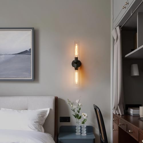 Image of Pathson 2 Lights Cylinder Glass Wall Sconce, Hardwired Wall Vanity Lights with Double Tube Glass, Vintage Aluminum Wall Lamp Decor for Living Room Bedroom (Black 1-Pack)