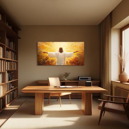 SERIMINO Jesus with Open Arms Wall Art, Christian Art Wall Decor for Serenity Prayer, Risen Lord in Radiant Glory Extra Large Paintings, Christ Grace Pictures for Living Room Church Prints 30"X60"